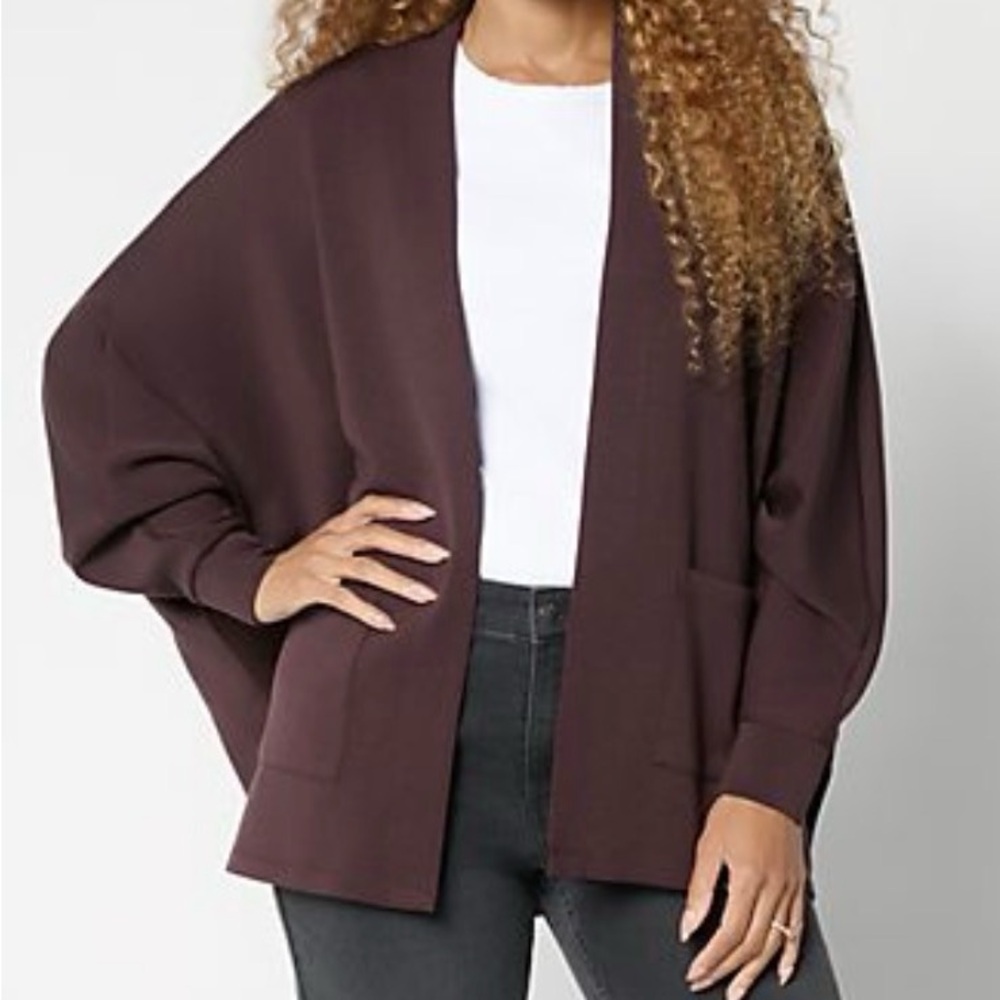 Belle by Kim Gravel ScubaLuxe LaChic Batwing Cardi-Chocolate Plum
